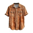 thumbnail image 1 of Mens Shirts Short Sleeve, Casual Denim Shirts for Men Washed Old Button Rolled Sleeve Blouse Two Pockets Summer Outdoor Street Distressed Tops, 1 of 3