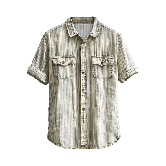 Mens Shirts Short Sleeve, Casual Denim Shirts for Men Washed Old Button Rolled Sleeve Blouse Two Pockets Summer Outdoor Street Distressed Tops