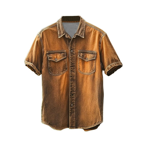Mens Shirts Short Sleeve, Casual Denim Shirts for Men Washed Old Button Rolled Sleeve Blouse Two Pockets Summer Outdoor Street Distressed Tops