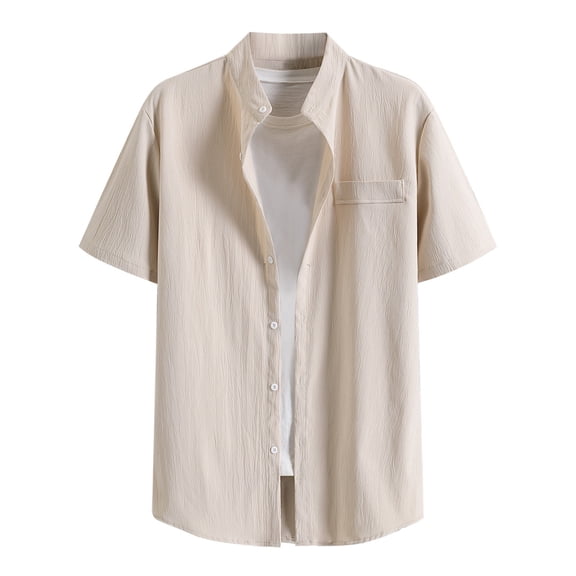 Mens Shirts,Short Sleeve Casual Shirt Solid Color Stand Collar Summer Thin Pocket Shirt Lightweight Comfortable Daily Top,Mens Shirts Casual,S,Khaki