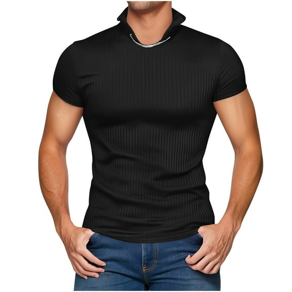 Mens Shirts Short Sleeve, Collared Muscle Shirts for Men Ribbed Knit Slim Fit Shirts Short Sleeve, Mens V Neck T Shirts Casual Stylish