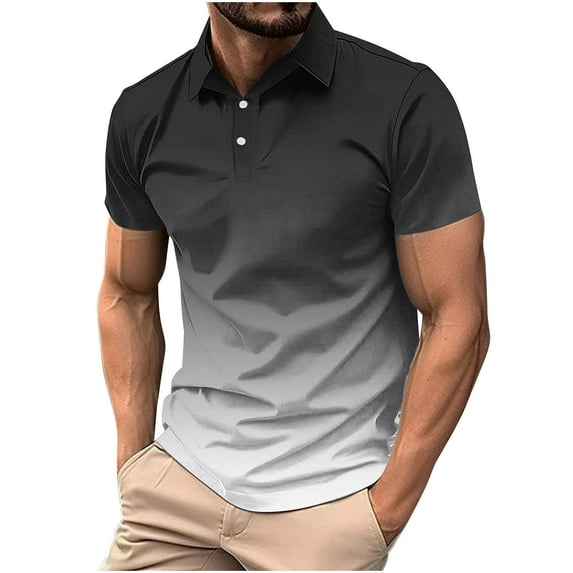 Mens Shirts Short Sleeve Gradient Color Gym Workout Golf T-Shirt Casual Fashion V Neck Button Down Tops 2025
