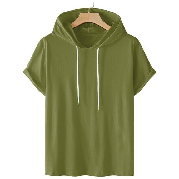 Mens Shirts Short Sleeve Hooded Solid Pullover Casual Sports T-Shirt Army Green S