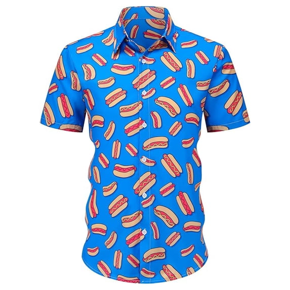 Mens Shirts Short Sleeve Hot Dog Print Lapel Button Down Beach Summer Casual Shirt OTHER L