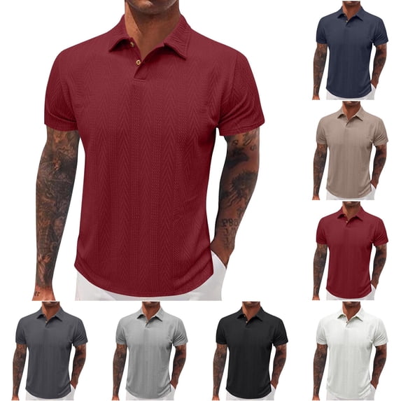 Mens Shirts Short Sleeve Jacquard Solid Color Business Casual Polos Lapel Collared Summer Tops Regular Fit