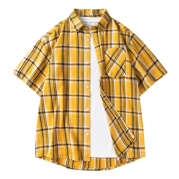 Mens Shirts Short Sleeve, Light Mature Leisure Checkered Versatile Lapel Men's Short Sleeved Shirt Casual Loose Breathable Top for Teenagers