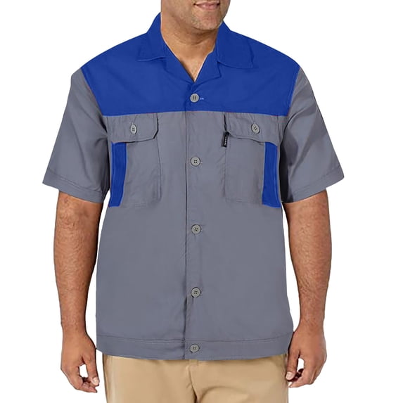 Mens Shirts Short Sleeve Lightweight Color Block Work Mechanic Button Down Shirt Blue L