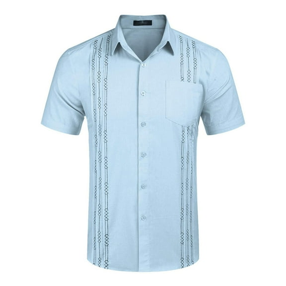 Mens Shirts Short Sleeve Linen Shirt Cuban Beach Tops Pocket Guayabera Shirts Light Blue Handsome Daily Wearing For Men XXL