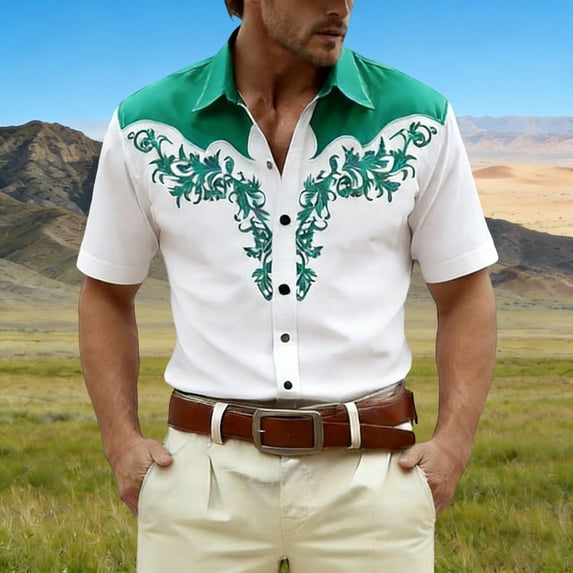 Mens Shirts Short Sleeve Western Cowboy Pattern Button Down Lapel Casual Top Green S