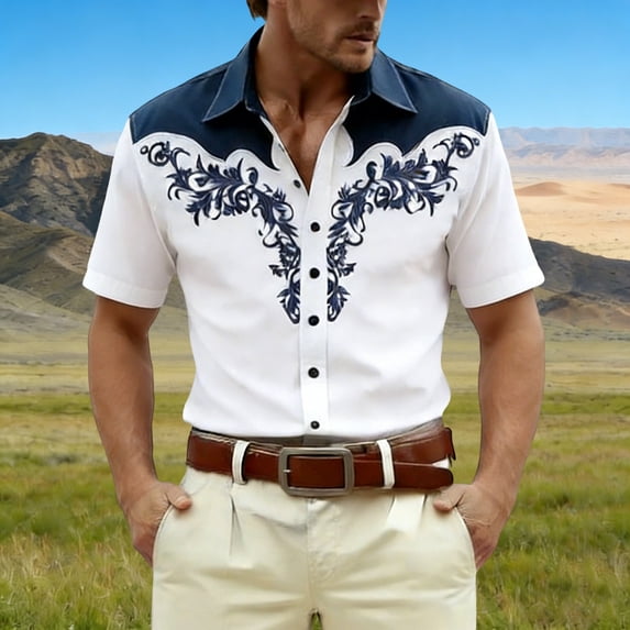 Mens Shirts Short Sleeve Western Cowboy Pattern Button Down Lapel Casual Top Navy M