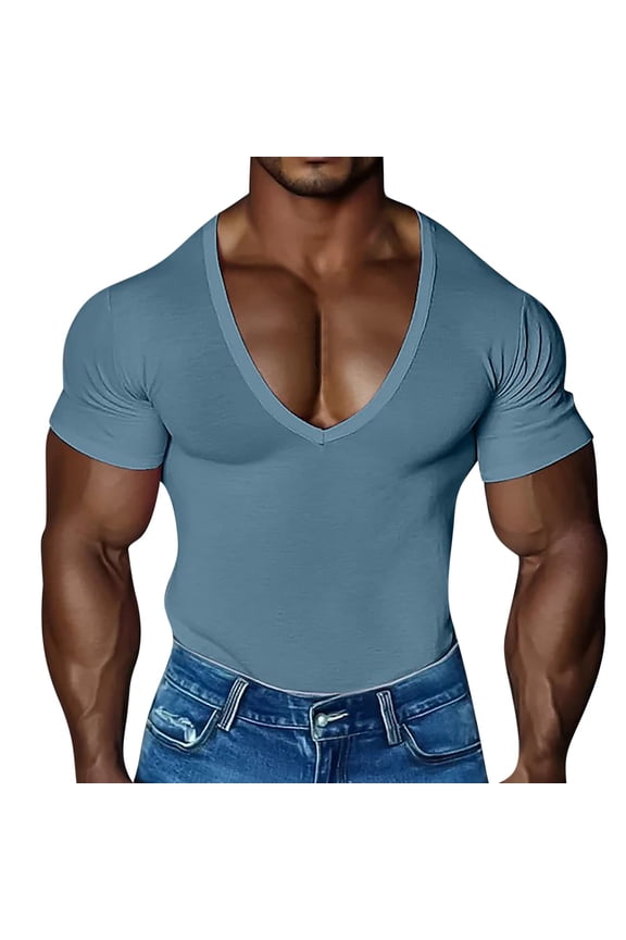 Mens Shirts Short Sleeve, Men's Deep V Neck T Shirt Stretch Muscle Gym Workout Tee Shirts Casaul Short Sleeve Slim Fit Low Cut Tops