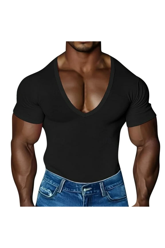 Mens Shirts Short Sleeve, Men's Deep V Neck T Shirt Stretch Muscle Gym Workout Tee Shirts Casaul Short Sleeve Slim Fit Low Cut Tops