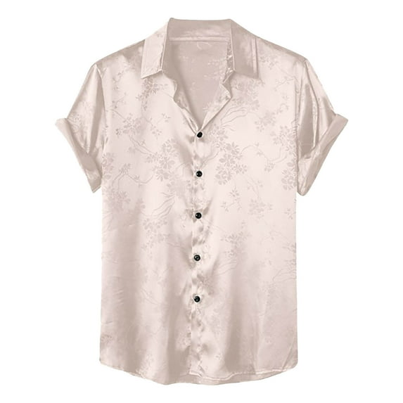 Mens Shirts Short Sleeve, Men's Satin Floral Print Button Down Front Lapel Collar Solid Short Sleeve Shirt