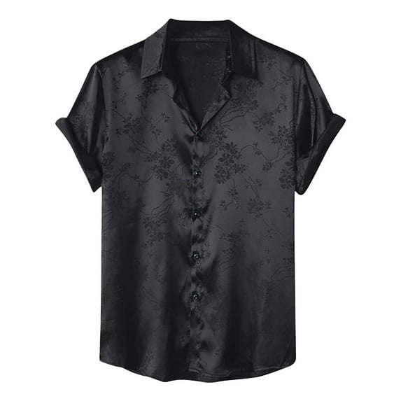 Mens Shirts Short Sleeve, Men's Satin Floral Print Button Down Front Lapel Collar Solid Short Sleeve Shirt