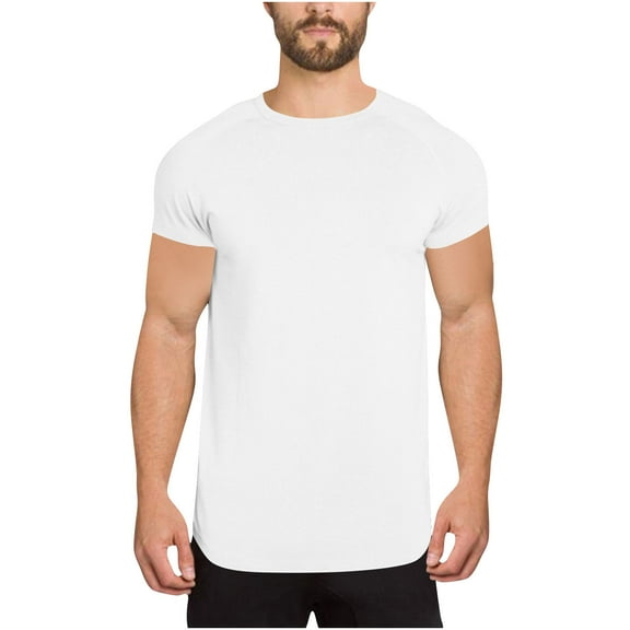 Mens Shirts Short Sleeve, Mens Hipster Longline T-Shirt Drop Cut Scallop Long Tail Slim Fit Bodybuilding Gym Muscle Workout Tee