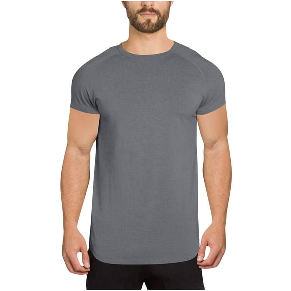 Mens Shirts Short Sleeve, Mens Hipster Longline T-Shirt Drop Cut Scallop Long Tail Slim Fit Bodybuilding Gym Muscle Workout Tee