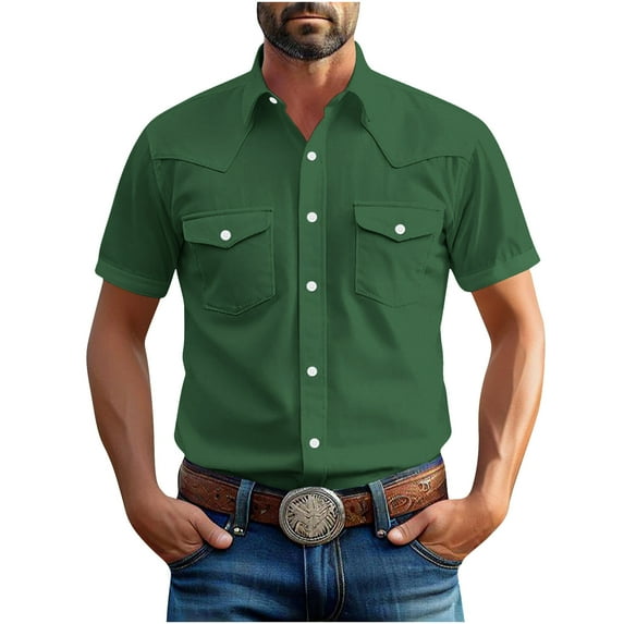 Mens Shirts Short Sleeve, Mens Western Shirts Short Sleeve Button Up Pearl Snap Shirt Casual Summer Work Cowboy Shirt Lightweight Linen Clothes