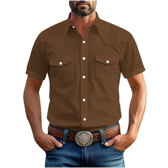 Mens Shirts Short Sleeve, Mens Western Shirts Short Sleeve Button Up Pearl Snap Shirt Casual Summer Work Cowboy Shirt Lightweight Linen Clothes