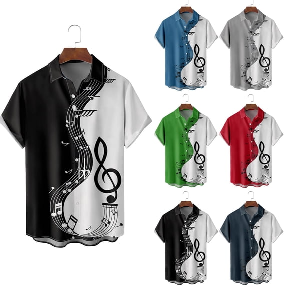 Mens Shirts Short Sleeve Music Note Print Button Down Lapel Casual Summer Shirt Navy L