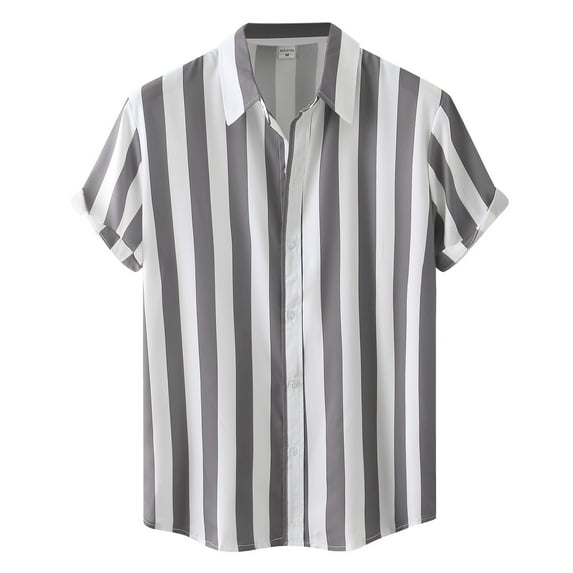Mens Shirts Short Sleeve Pack Summer Hawaii Striped Prin Short Sleeve Turn Down Collar Button Mens T Shirts Pack Grey M
