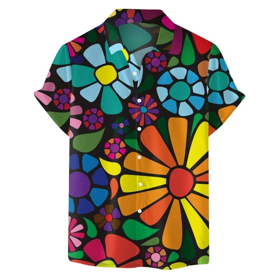 Mens Shirts Short Sleeve Printed Blouse Lapel Button Down Beach Casual Summer Tops Pink L