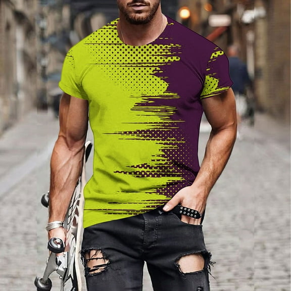 Mens Shirts Short Sleeve Round Neck Print Casual T-shirt Yellow S