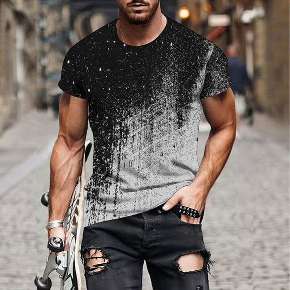 Mens Shirts Short Sleeve Round Neck Print T-shirt Black S