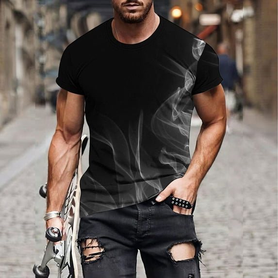 Mens Shirts Short Sleeve Round Neck Print T-shirt Gray S