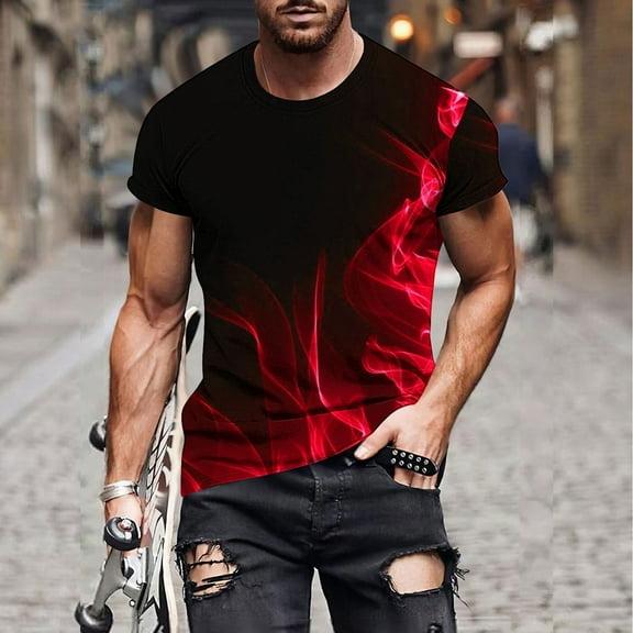 Mens Shirts Short Sleeve Round Neck Print T-shirt Red S