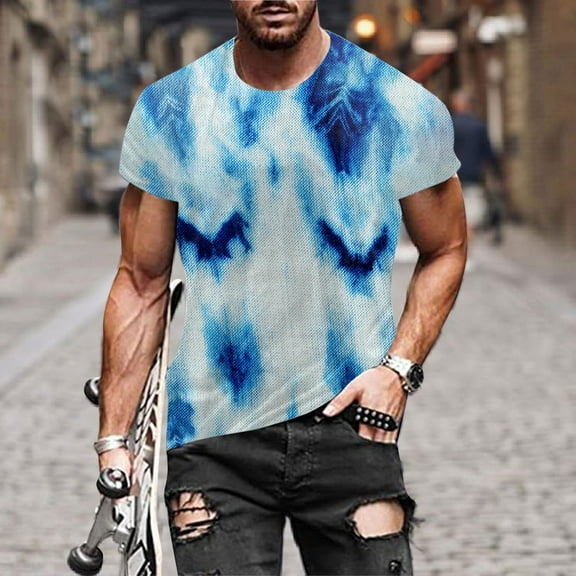 Mens Shirts Short Sleeve Round Neck Printing Pattern T-shirt Blue S