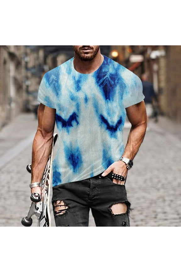 Mens Shirts Short Sleeve Round Neck Printing Pattern T-shirt Blue S