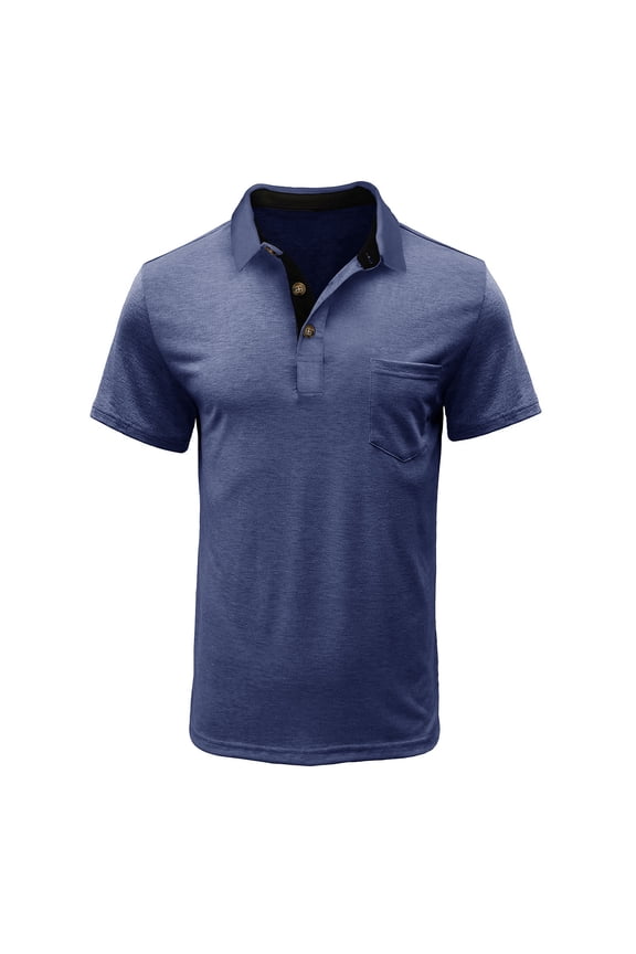 Mens Shirts Short Sleeve Solid Color Fashion Lapel Loose Fit Pullovers with Pocket(Dark Blue,S)