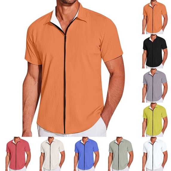 Mens Shirts Short Sleeve Solid Color Zip Up Slim Fit Lapel Casual Summer Shirt White XXL