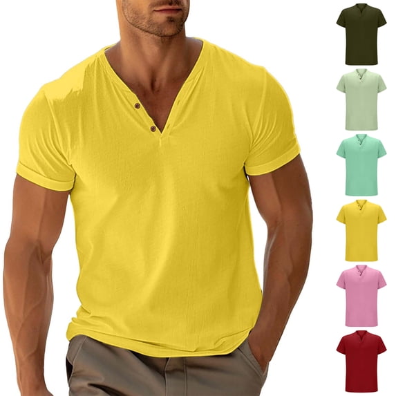 Mens Shirts Short Sleeve V Neck Basic Yellow T Shirt Gym Shirts Men
