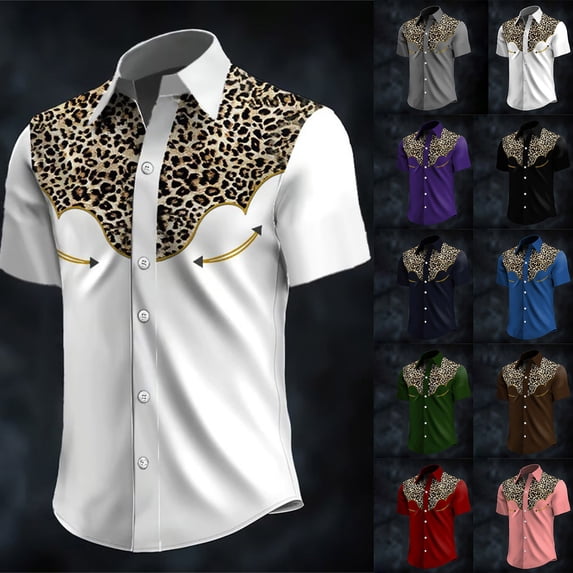 Mens Shirts Short Sleeve Western Cowboy Style Print Lapel Fashion Casual Shirt Pink XXXXXL