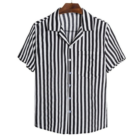 Mens Shirts Short Sleeve with Pocket Button-Down T-Shirts Casual Lightweight Stripe Printed Collared Hawaiian Beach Tees Tops Summer