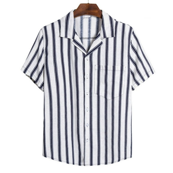Mens Shirts Short Sleeve with Pocket Button-Down T-Shirts Casual Lightweight Stripe Printed Collared Hawaiian Beach Tees Tops Summer