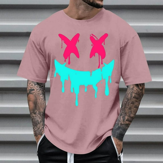Mens Shirts Short Sleeved Round Neck Printed T-shirt Pink S