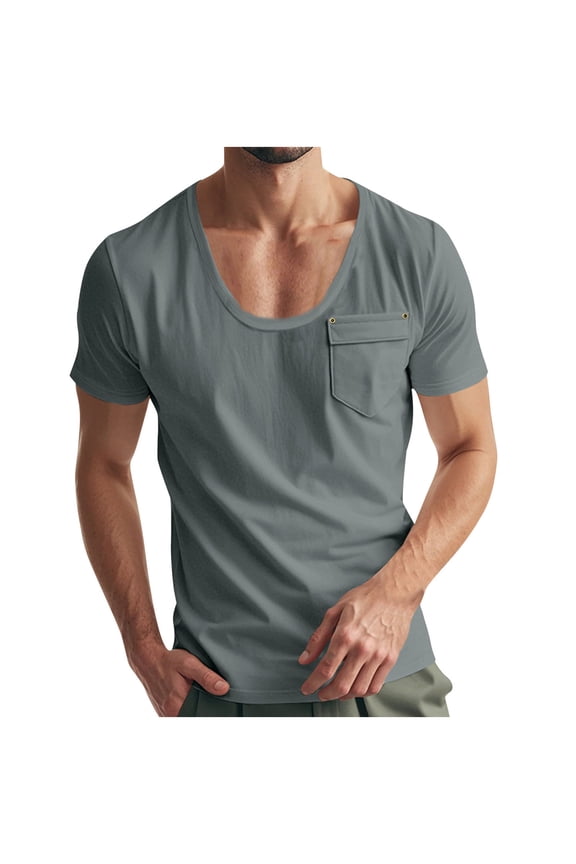 Mens Shirts Short Sleeves with Pocket Casual Loose Tshirts V Neck Collarless Tees Fashion Plain Tops Summer
