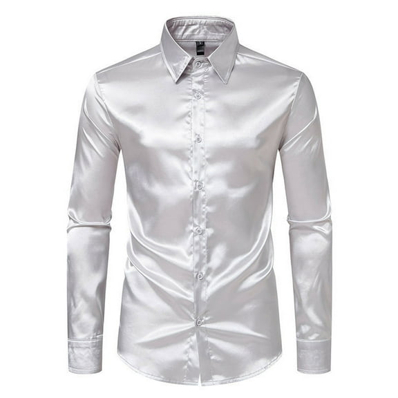 Mens Shirts Silk Satin Long Sleeve Button-Down Collared Tshirts Shirt Trendy Solid Color Soft Slim-Fit Lapel Going-Out Party Tees Tops