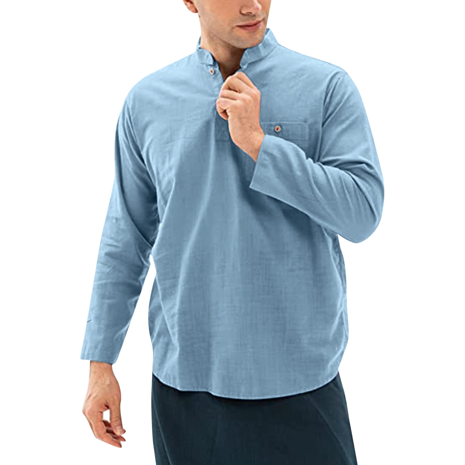 Mens Shirts Solid Color Pocket Buttoned Slub Cotton Long Sleeve Male