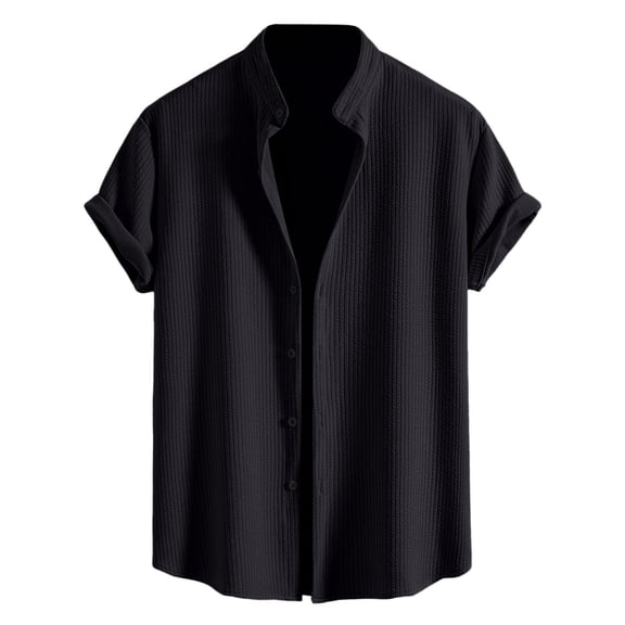 Mens Shirts Solid Color Short Sleeve Lapel Button Down Blouses Lightweight Soft Loose Casual Summer Tops Black L