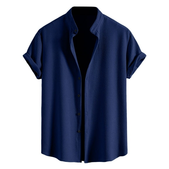 Mens Shirts Solid Color Short Sleeve Lapel Button Down Blouses Lightweight Soft Loose Casual Summer Tops Navy S