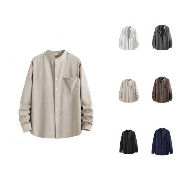 Mens Shirts Spring Summer Breathable Long Sleeve Button Down Band Collar Work Shirts Beach Shirt