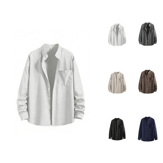 Mens Shirts Spring Summer Breathable Long Sleeve Button Down Band Collar Work Shirts Beach Shirt
