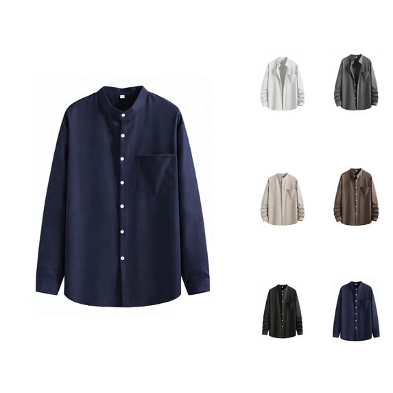 Mens Shirts Spring Summer Breathable Long Sleeve Button Down Band Collar Work Shirts Beach Shirt