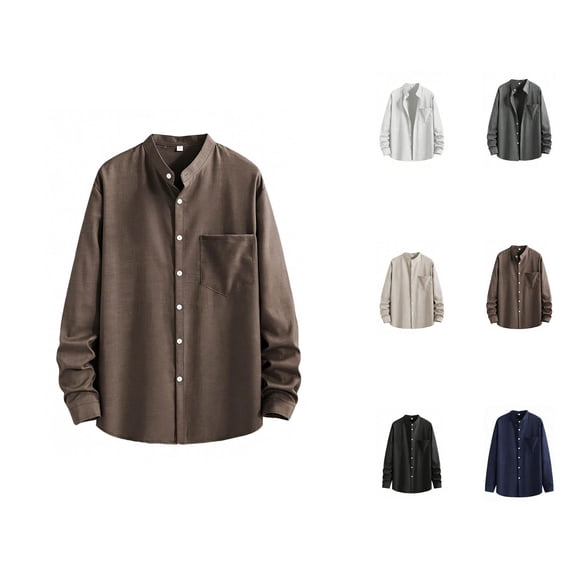 Mens Shirts Spring Summer Breathable Long Sleeve Button Down Band Collar Work Shirts Beach Shirt