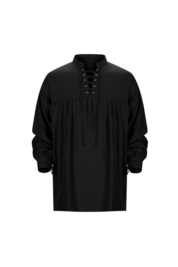 Mens Shirts Stand Up Steam Lace Up Long Sleeve Solid Color Mens Rugby Shirt,Black,M