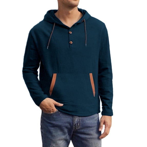 Mens Shirts Stylish Color Block Linen Hoodies for Men Half Button Long Sleeve Pullovers Workout Casual Hooded Sweatshirt Tops