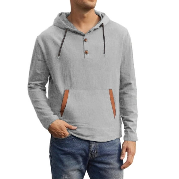 Mens Shirts Stylish Color Block Linen Hoodies for Men Half Button Long Sleeve Pullovers Workout Casual Hooded Sweatshirt Tops